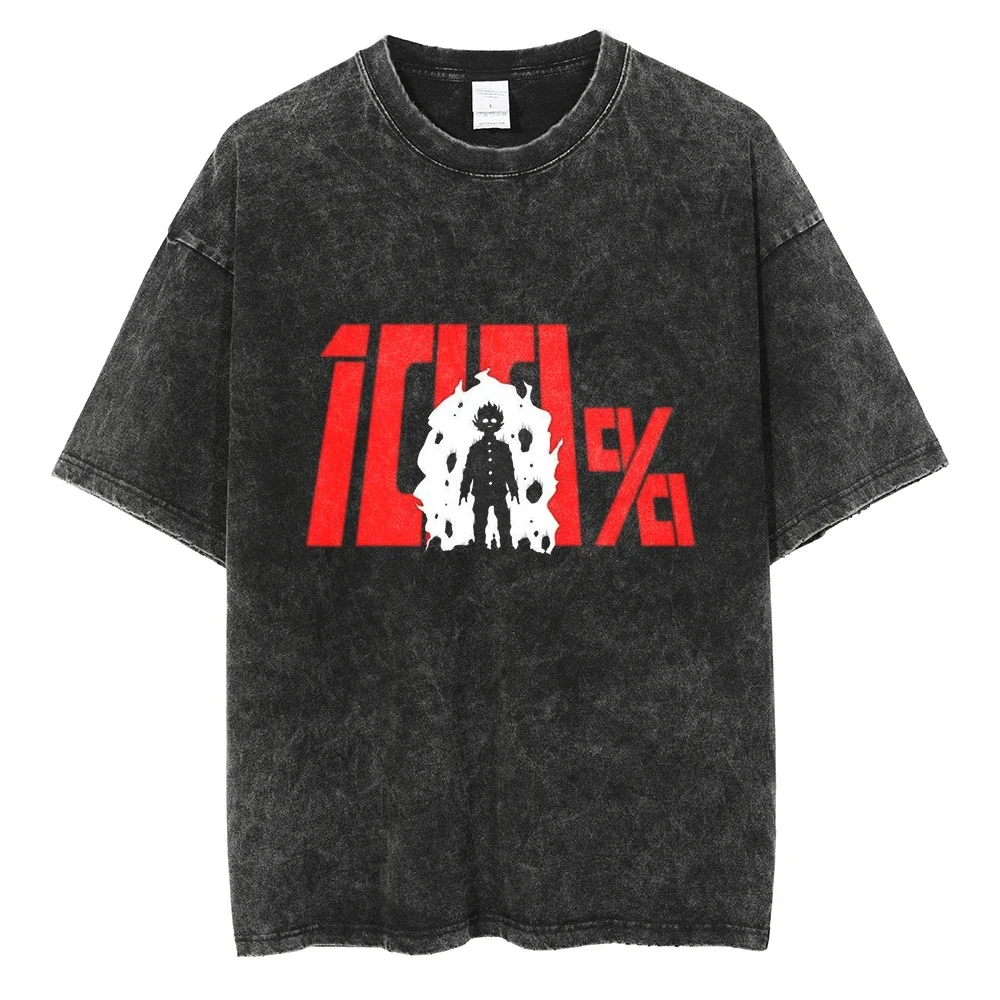 Hip Hop Washed T Shirt Japanese Anime Mob Psycho Graphic T-Shirt Men Harajuku Cotton Casual T Shirt Short Sleeve Tops Tees