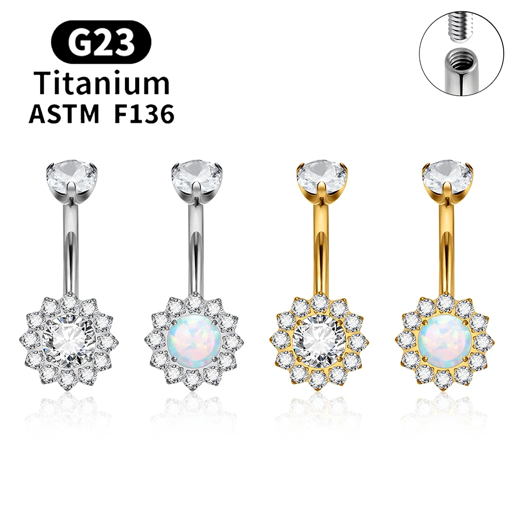 ASTM F136 G23 Titanium PIERC Flower Belly Button Ring 14G with Zircon Opal Internal Thread Navel Ring Body Piercing Jewelry