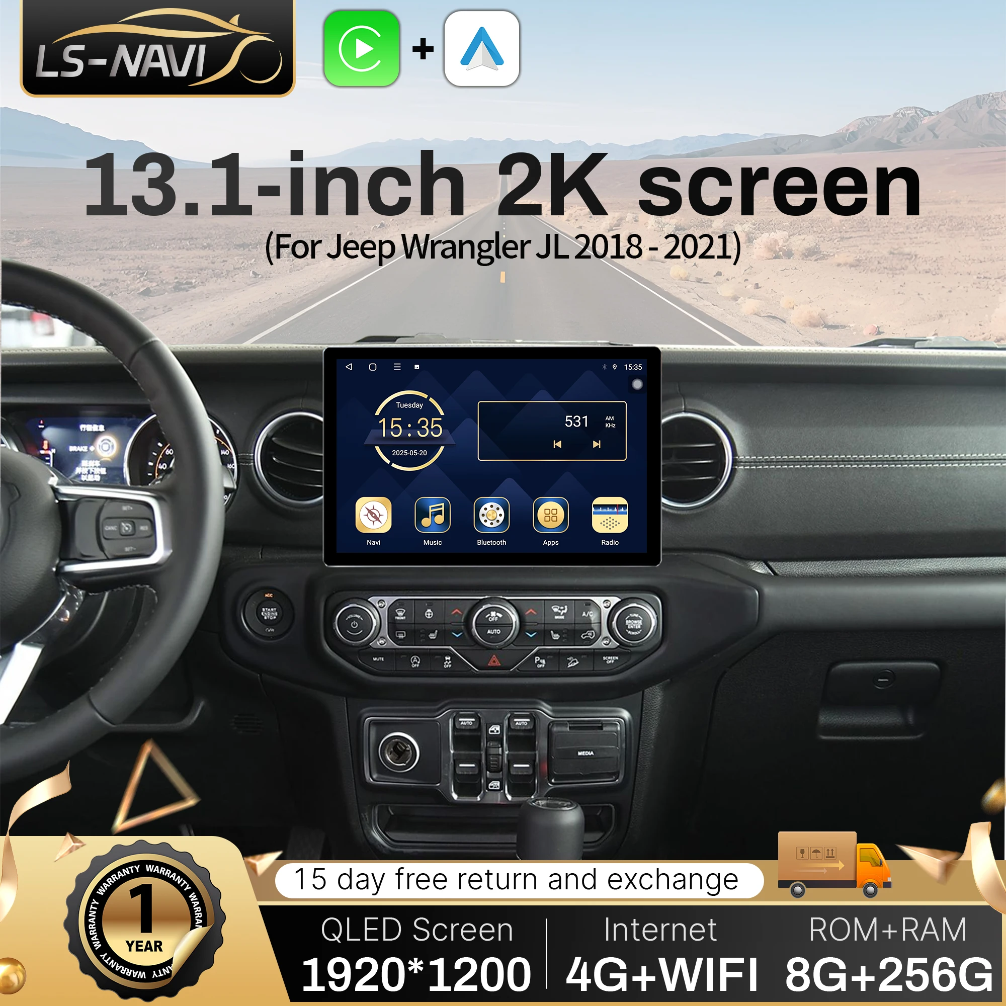 13.1 inch Android For Jeep Wrangler JL 2018 - 2021 Car Radio Wireless Bluetooth Carplay GPS Multimedia  Stereo Touch QLED Screen