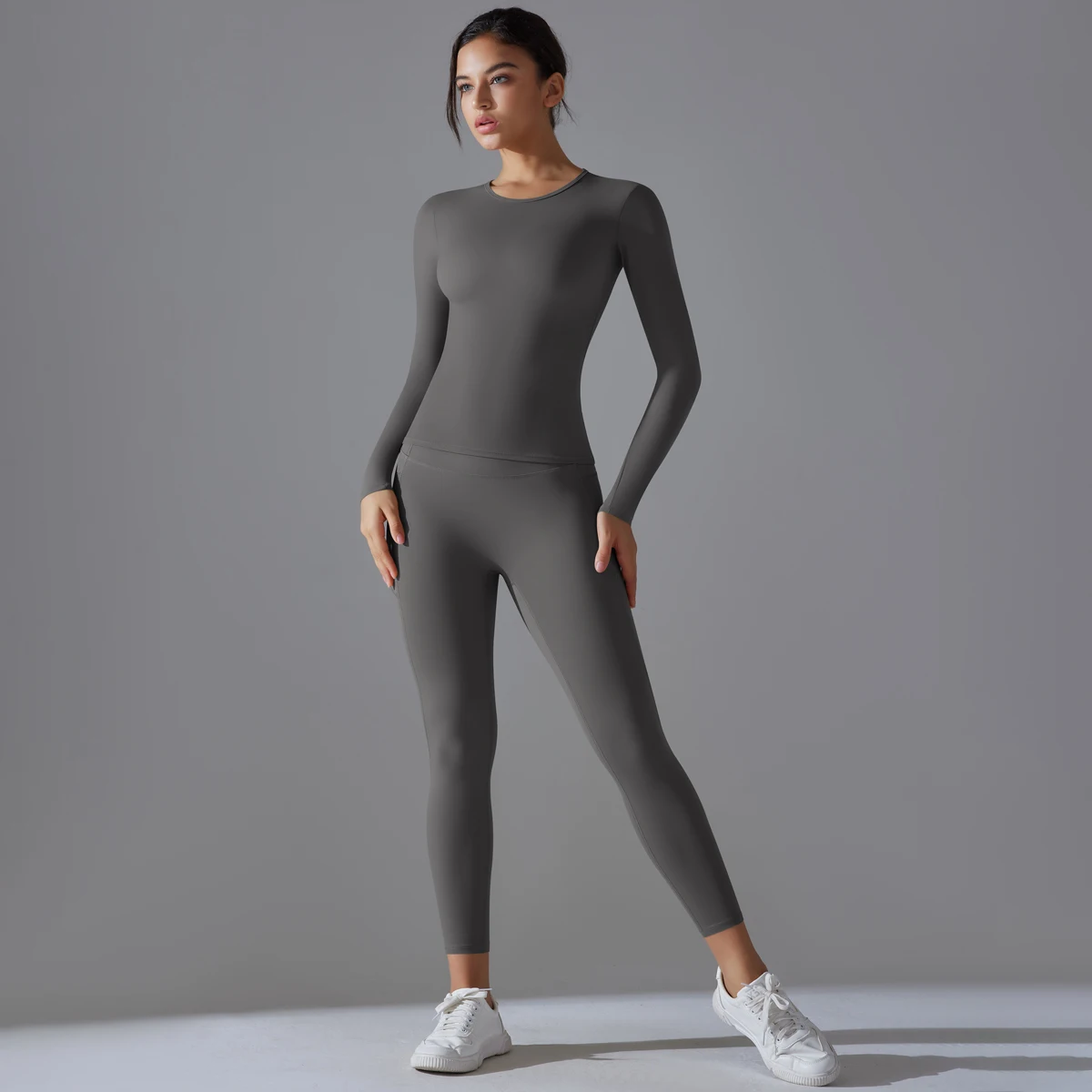 2PCS Seamless Yoga Set Women High Waist Leggings With Pocket Sportswear Gym Clothing Fitness Long Sleeve Crop Top Sports Suits