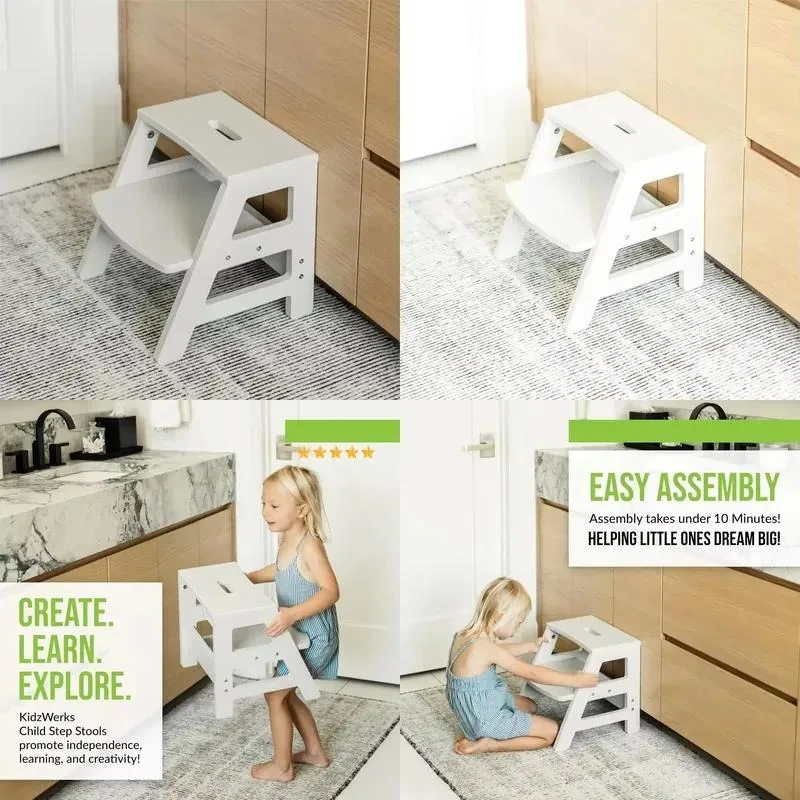White Solid Wood Two Step Safety Ladder Chair Footstool Children Shoe Rack Storage for Living Room Kitchen Modern Design