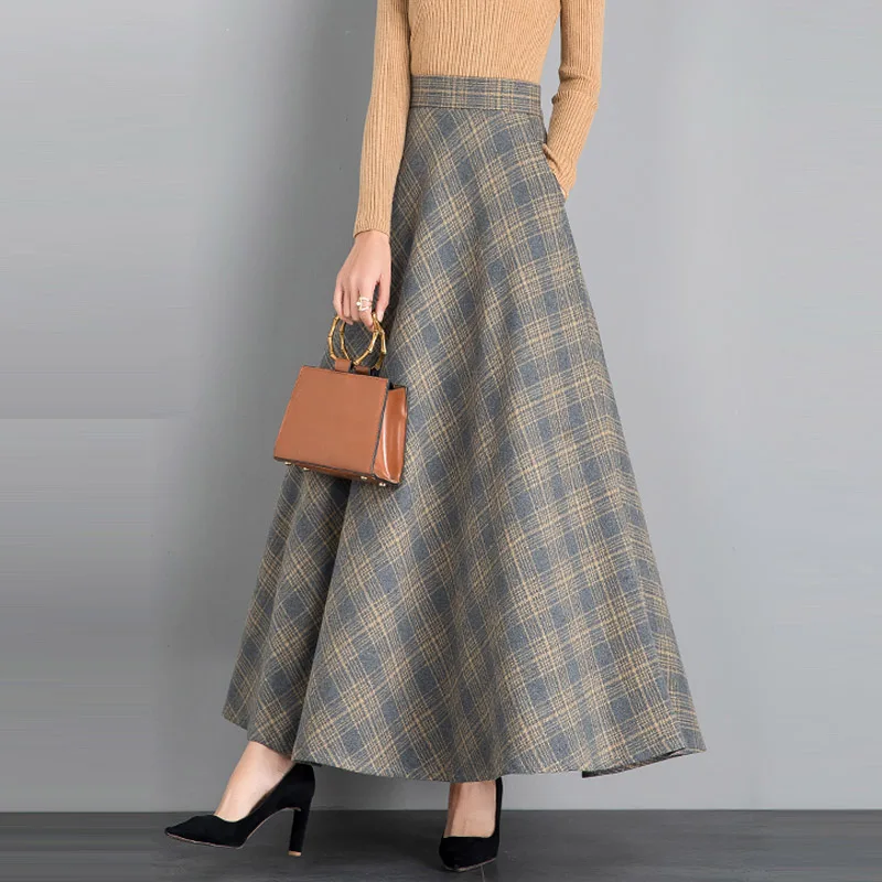 Female Clothing Plus Size 6XL Winter Retro Vintage Casual Fashion Warm Woolen Plaid a-line Long Ladies Skirts Womens