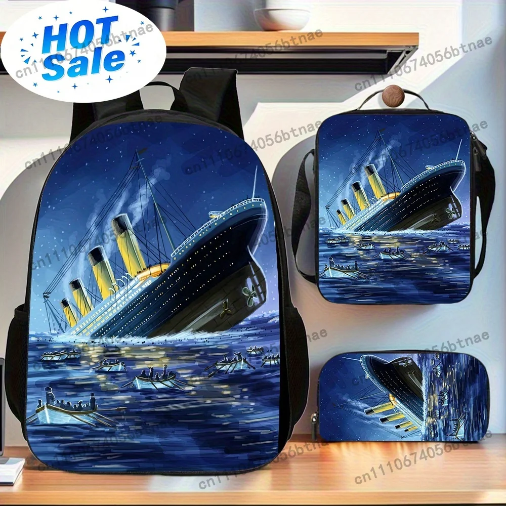 3pcs Titanic Pattern Backpack Set | Includes Large Capacity Casual Double Shoulder Backpack, Pencil Bag, and Lunch Box | Hand Wa