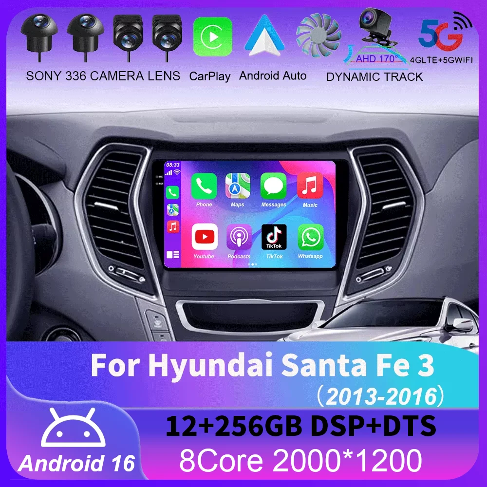 For Hyundai Santa Fe 3 2013 - 2016 Carplay Auto 4G+WIFI GPS Car Radio Navigation Multimedia Video Player Stereo BT Android 16