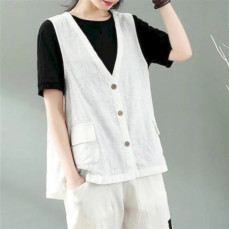 Sleeveless Vest for Women Tops Cotton Linen Solid Casual Loose Tanks V-neck Single Breasted Korean Style Cardigan Women Clothing