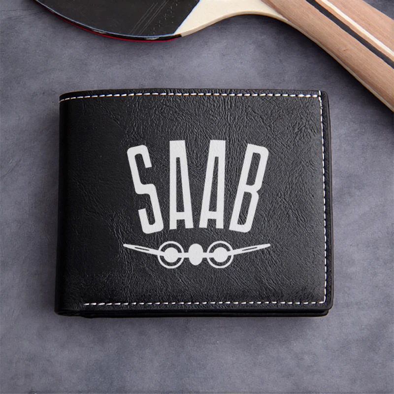 SAAB Logo Embossed PU Leather Wallet Men's Compact Lightweight Durable Business Style Premium Short Wallet