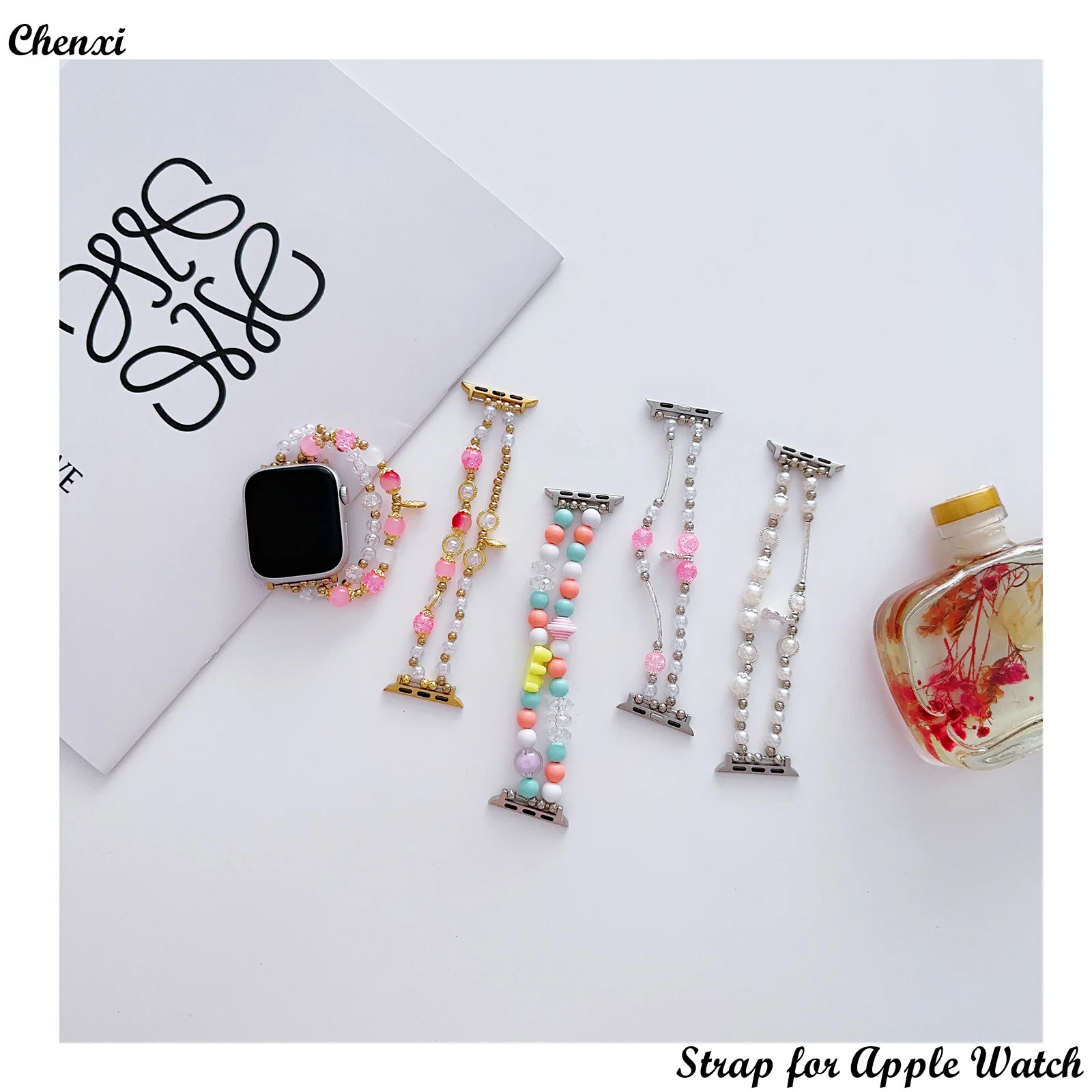 

Accessory strap for Apple watch band crystal bracelet chain for iwatch87654321SE38 40 41 42 44 45 49MM bear women pearl wrist