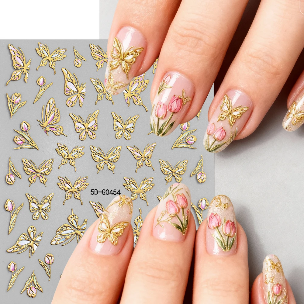 1Pc Gold Pink Blue Butterfly 5D Nail Sticker Bronzing Hollow Metallic Butterfly Bow Adhesive Slider Flower Grass Nail Art Decals