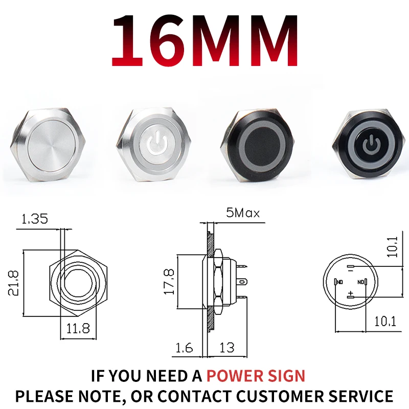 12/16/19/22/25/30mm Kurzhubiger Mini Wasserdichter Metall-Drucktastenschalter mit LED-Beleuchtung, Momentkontakt, 5/12/24/220V, Schwarz, 1NO