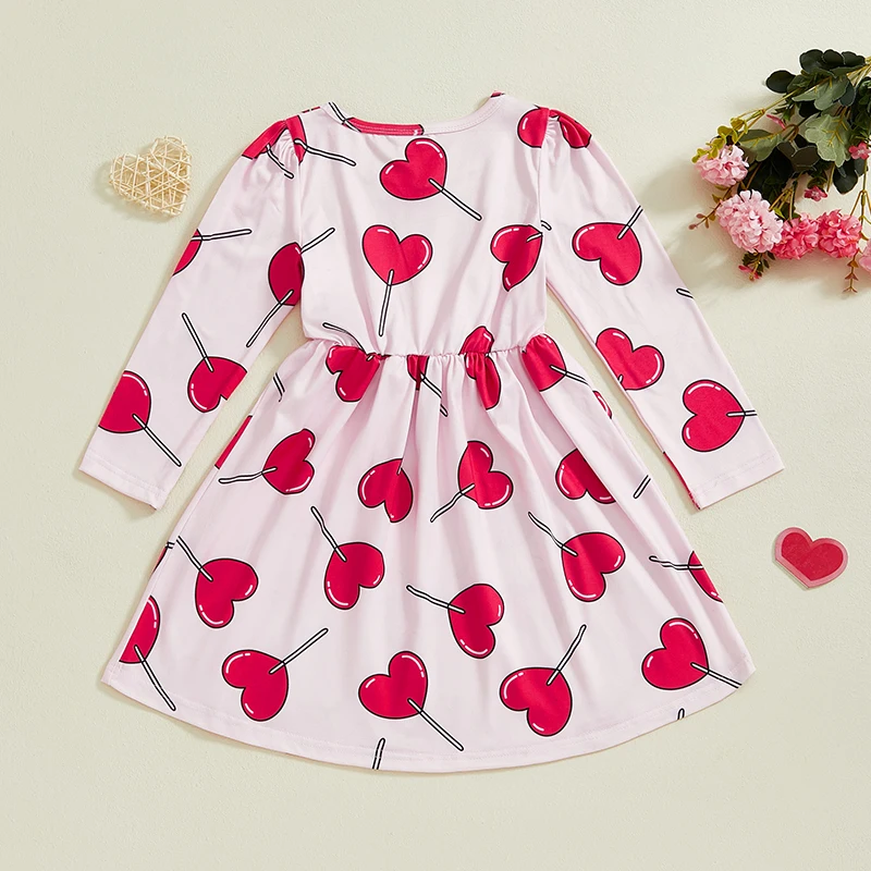 Girls Valentine's Day Dress Heart Print Round Neck Long Sleeve A-Line Spring Dresses