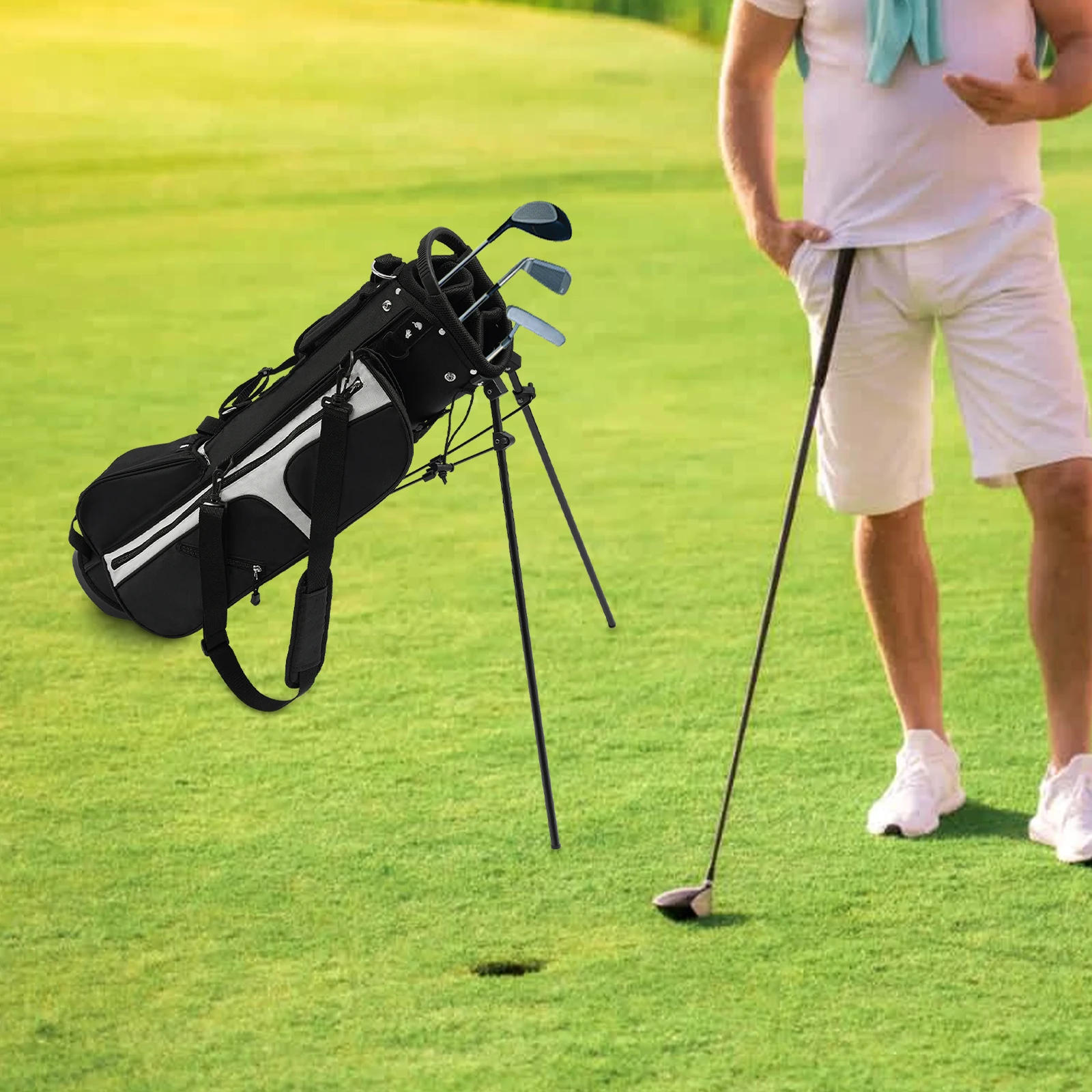 Golf Stand Bag, Portable Golf Stand Bag, Golf Stand Bag with Shoulder Strap Lightweight Golf Stand Bag Nylon Waterproof Golf Club Bag with 3 Dividers 5 Pockets Portable Double Shoulder Strap Golf Carry Bag for 5-9 Clubs