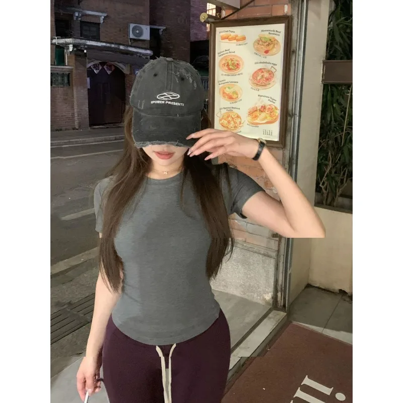 

Женская облегающая укороченная футболка с коротким рукавом для повседневной носки