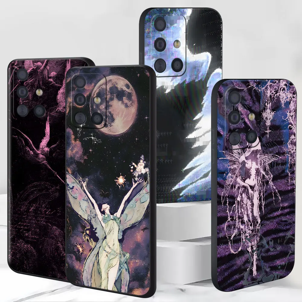 Black TPU Case for Samsung Galaxy A17 A15 A16 A14 A11 A27 A25 A55 A54 A13 A33 A52 A21s A51 A22 Phone Cover Glitch Angel Wings