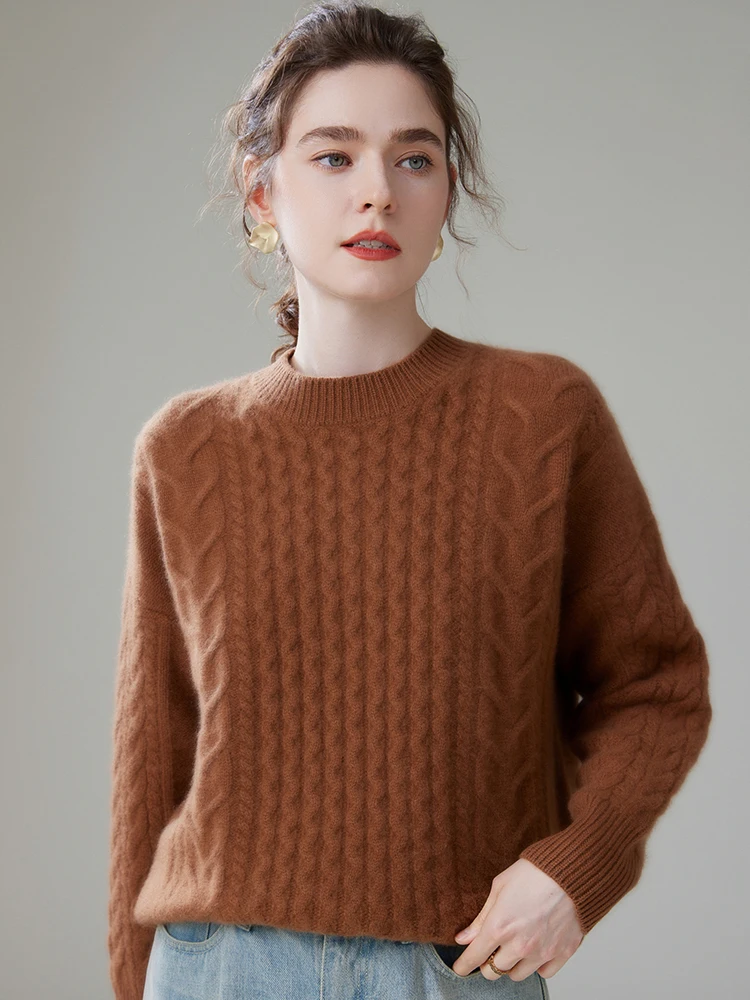 High Quality Cashmere Sweater For Women Winter O-neck Twist Flower Thick Soft Warm 100% Cashmere Knitwear Casual Loose Clothing