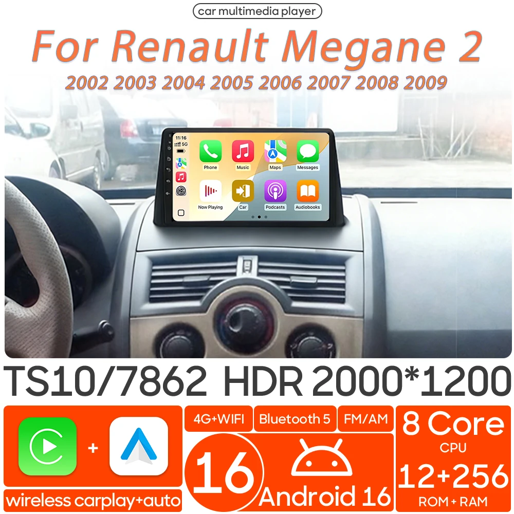 

Автомагнитола Android 16 для Renault Megane 2 2002-2009, видеоплеер, мультимедиа, беспроводной Carplay, Auto, 4G, Wi-Fi, навигация GPS, 2din