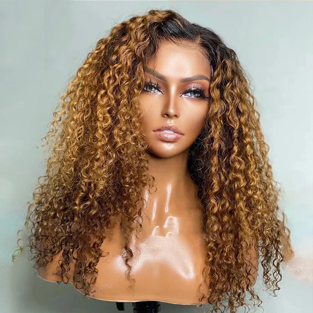 Ombre Brown Blonde Preplucked Glueless 180Density Deep Wave Curly 26Inch Long Lace Front Wig For Black Women With BabyHair Daily