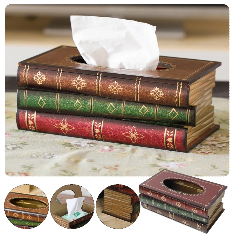 

Creative American Retro Wooden Tissue Box European Simulation Art Book Napkin Box Home Decor Room Kitchen Napkin Storage Case