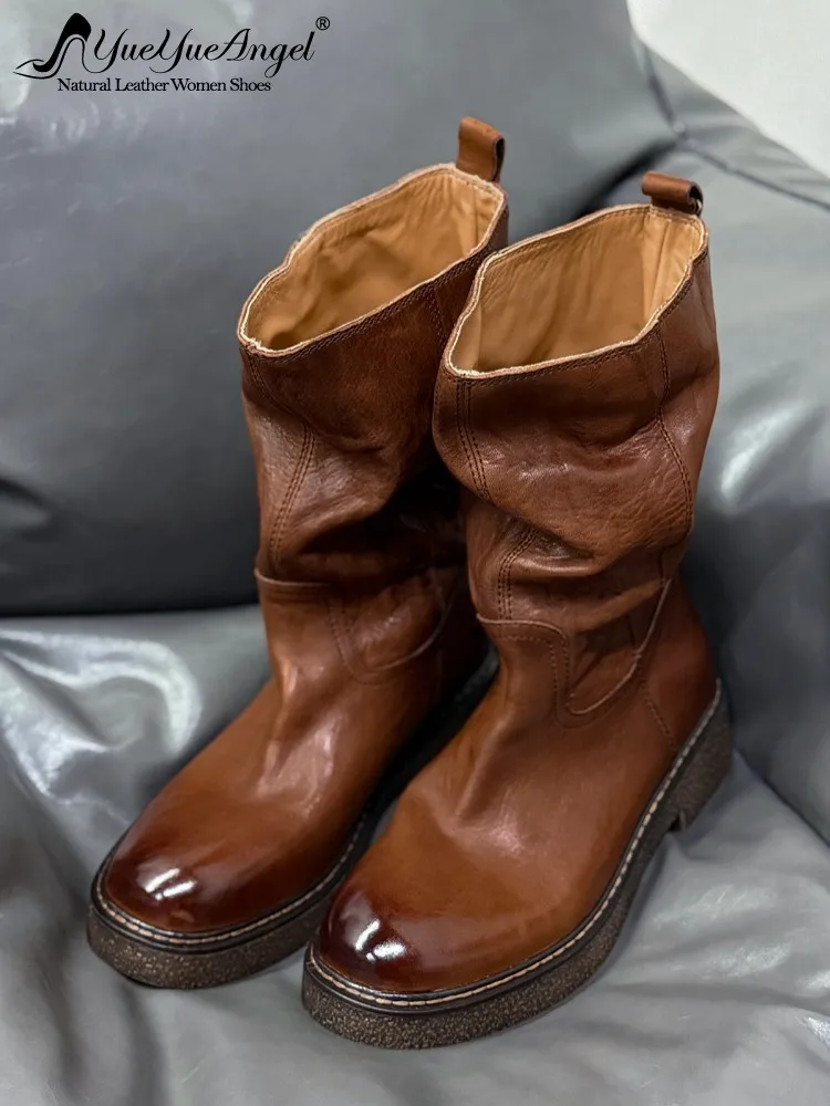 Handmade Women Horsehide Genuine Leather Mid Calf Boots Thick Platform High Top Work Safety Shoes Motorcycle Biker Riding Boots