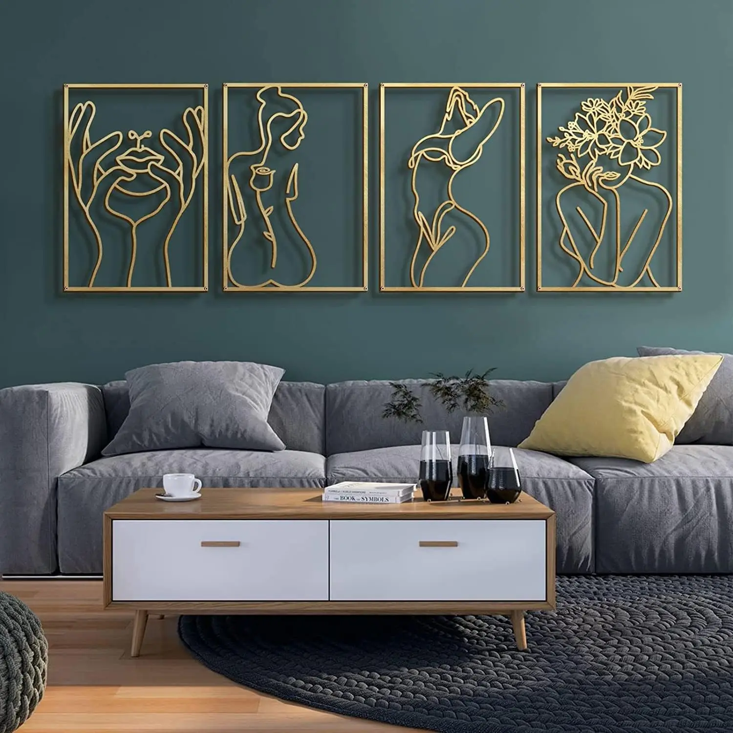 Large 4 Pack Gold Wall Art Décor, Real Metal, Woman's Body Shape Abstract Wall Art (Gold Classic Style, L Size 22.5 x 15.7'')