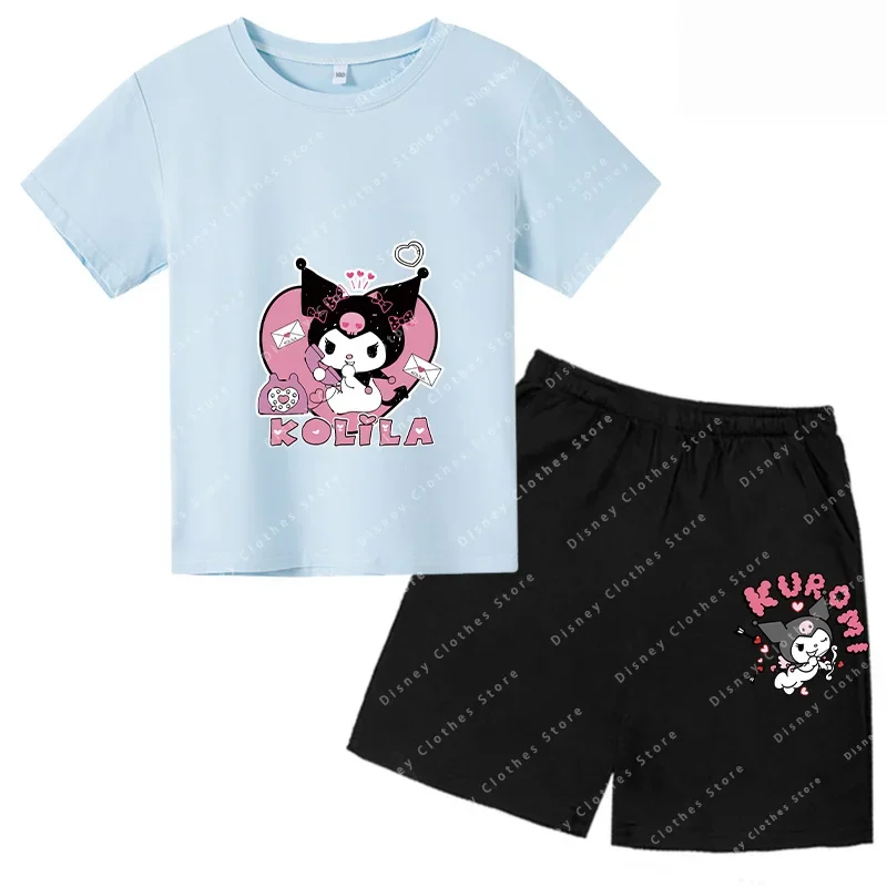 New Sanrio Children's Summer Clothing Cute Kouromi Children's Hello Kitty T-shirt Boys Girls crew neck short sleeve T-shirt set