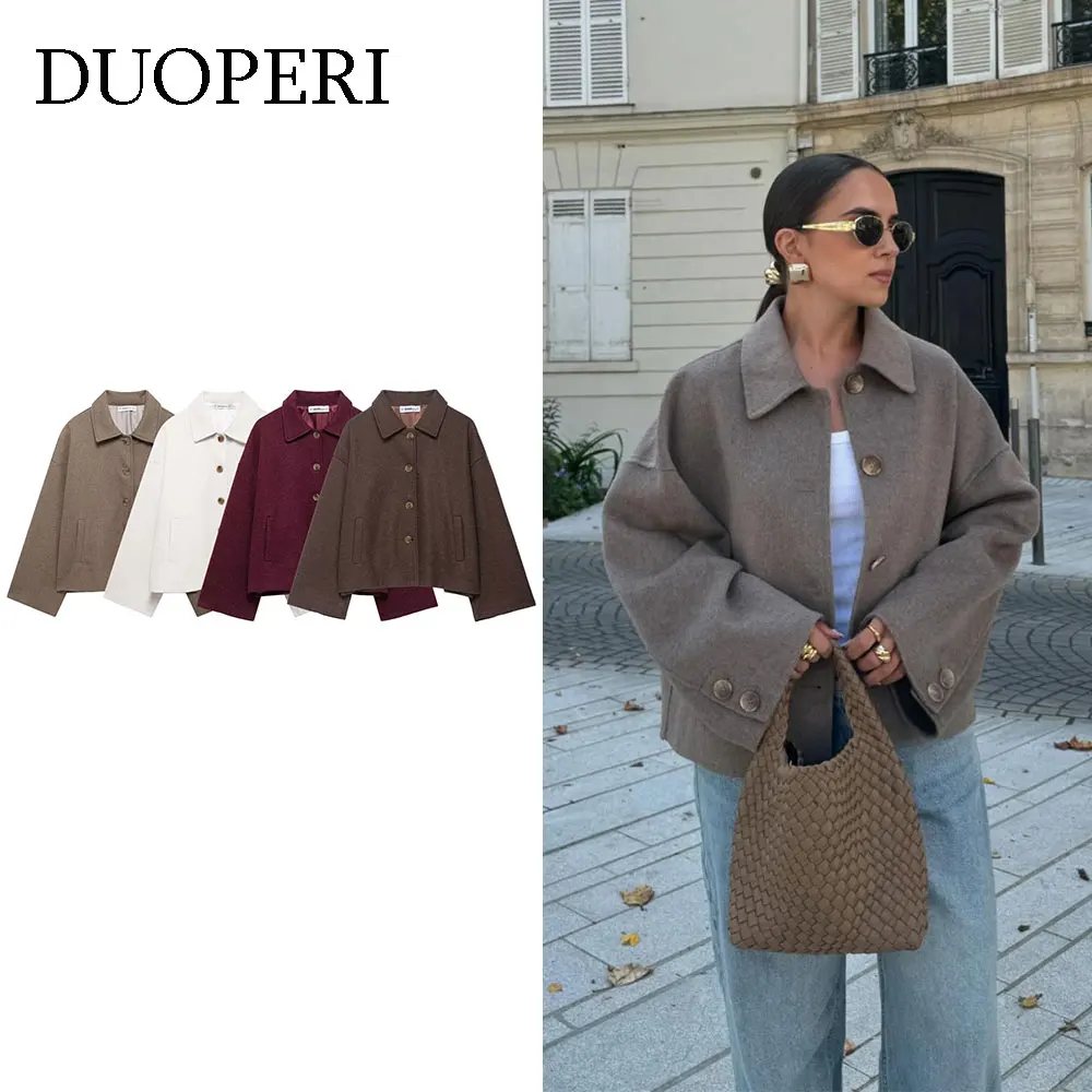 

DUOPERI женское однотонное короткое пальто, модное винтажное женское элегантное шикарное женское пальто с лацканами и длинными рукавами