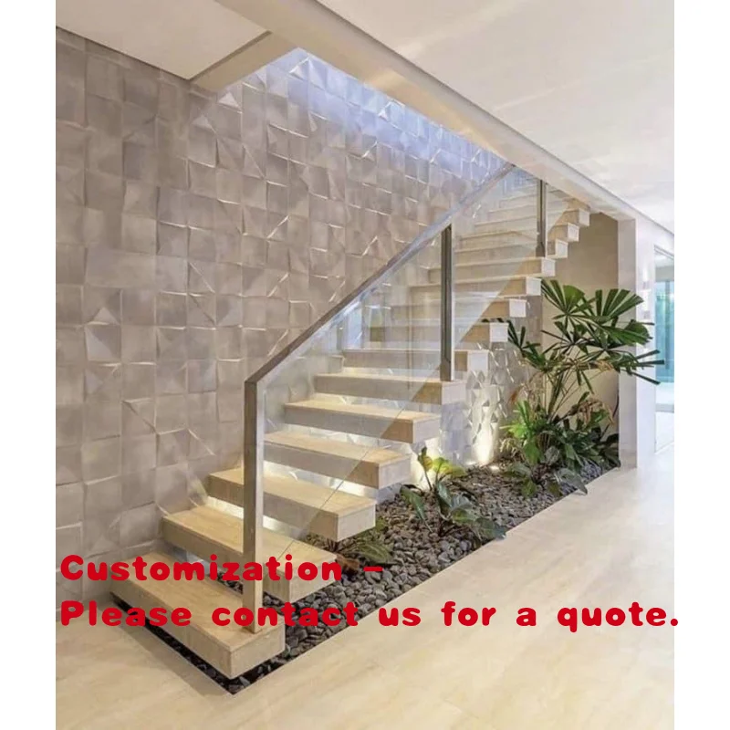 custom.Modern Steel-Wood Staircase with Glass Railing and Stainless Steel U-Channel Beam & Durable Apartments V