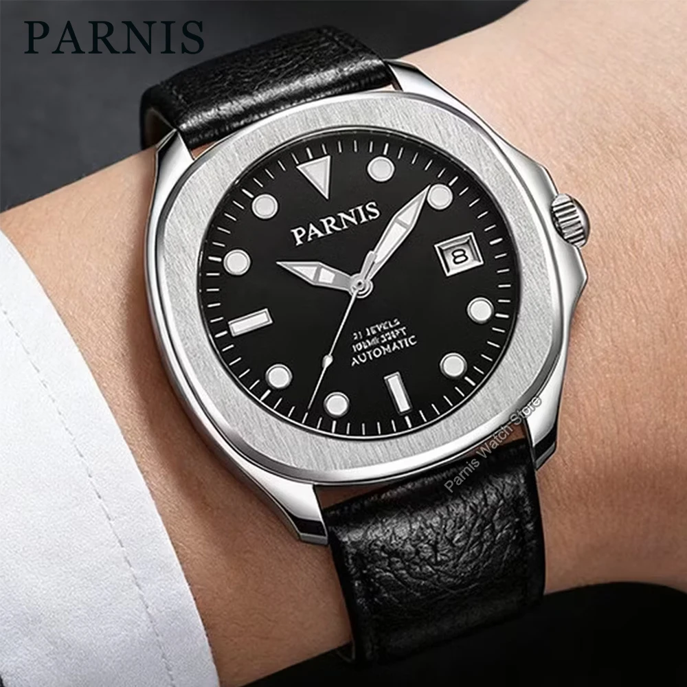 

Parnis 39mm Black Dial Luminous Mark Men Wristwatch Stainless Steel Mechanical Automatic Watch 100m Waterproof