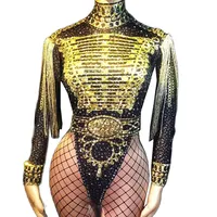 Black Shining Gold Rhinestones Sexy Tassel Jumpsuits For Women Nightclub DJ Stage Singer Drag Queen Costumes Bar Party Wears