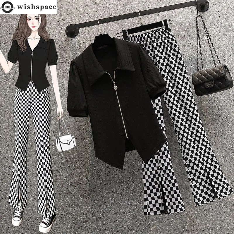 Women\'s Set 2023 Spring/Summer New Korean Version Slim Shirt Temperament Flip Collar Top Wide Leg Pants Two Piece Set