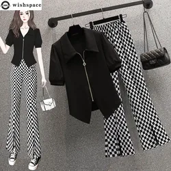 Conjunto das mulheres 2023 Primavera/Verão Nova Versão Coreana Camisa Fina Temperamento Flip Collar Top Calças Perna Larga Conjunto de Duas Peças