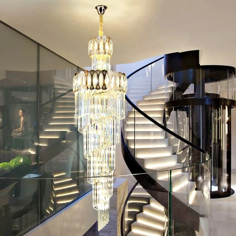 Light Luxury Crystal Chandelier Rotating Staircase Villa Living Room Light Duplex Building Luxury Middle Floor Chandelier