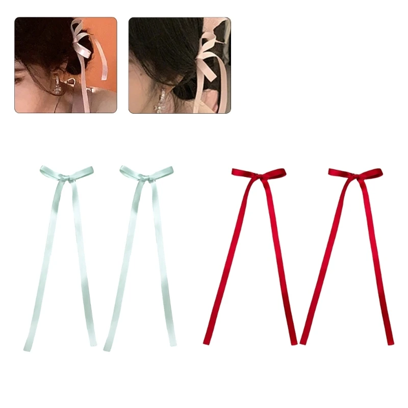 

2 Pcs Ribbon Bow Elegant 2000s Side Clip Bow Hair Clip Sweet Girls Fairy Bow Long Bowknot Balletcore