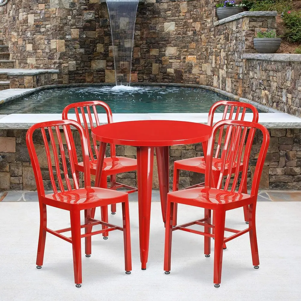 

30 Round Red Metal Dining Table Set with 4 Slat Back Chairs