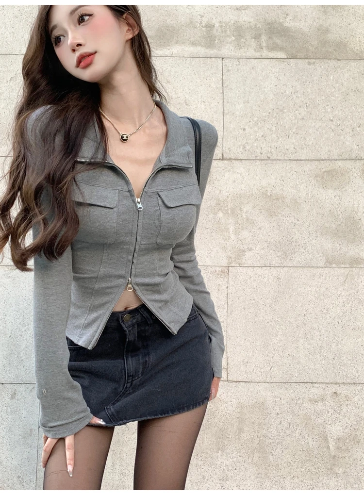 Frauen T-shirt Frühling Herbst Kleidung Rippen Gestrickte Langarm Kurze Tops Zipper Design T Sexy Weibliche Dünne Tops – Detail 6