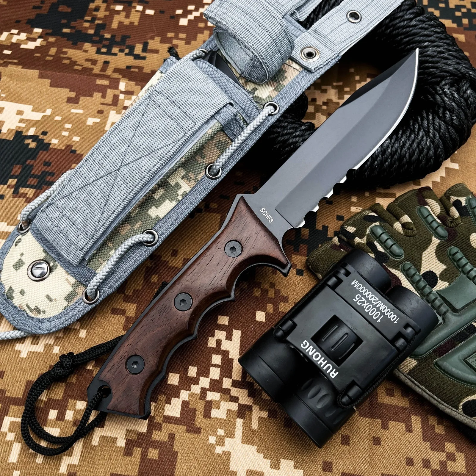 

Heavy-duty Outdoor Fixed-Blade Knife, 7Cr13Mov Steel Blade, Rosewood Handle, Camping and Fishing Tool, Includes Sheath