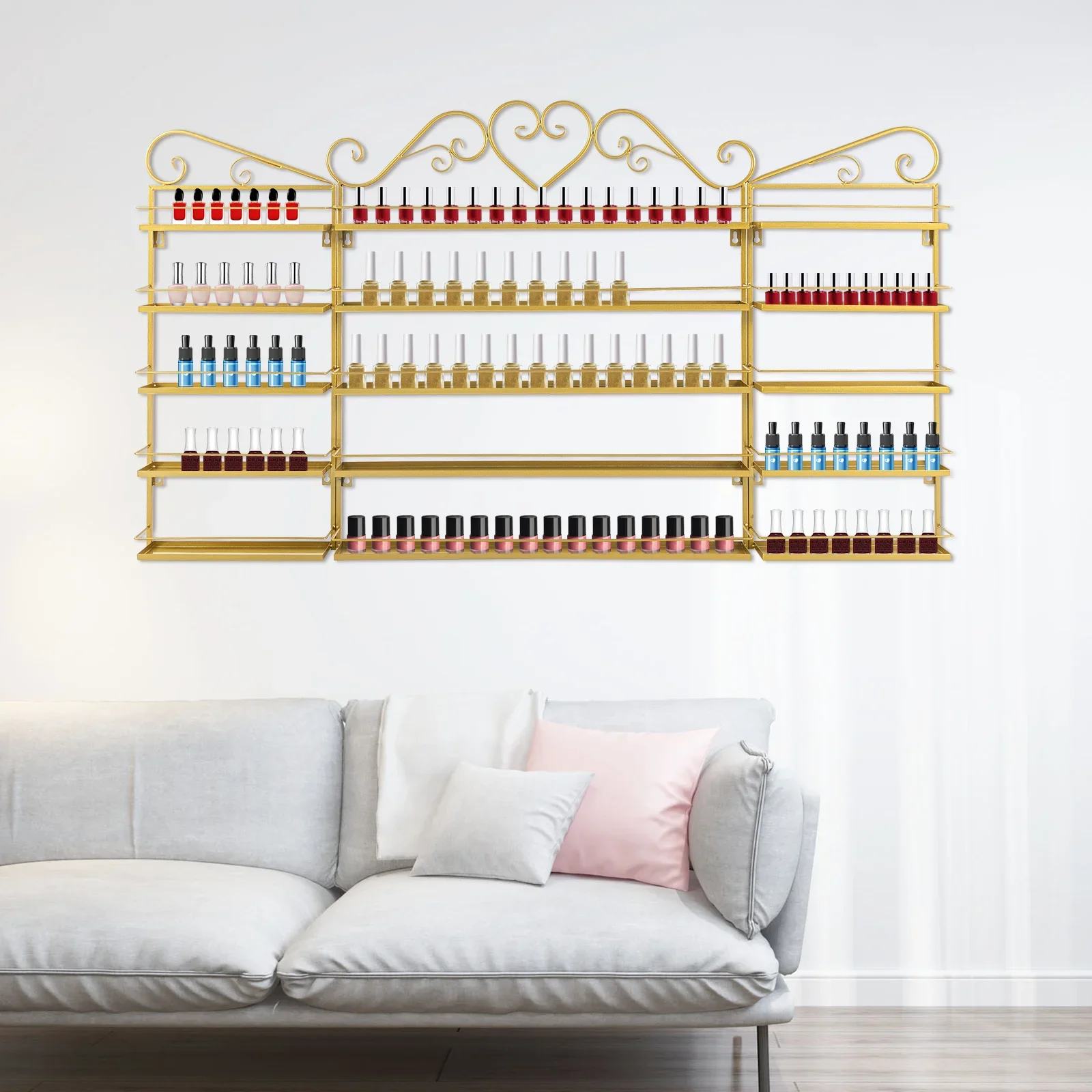 5層錬鉄製ウォールネイルアートディスプレイラック3点セット - ゴールデン、高品質、長期間使用可能