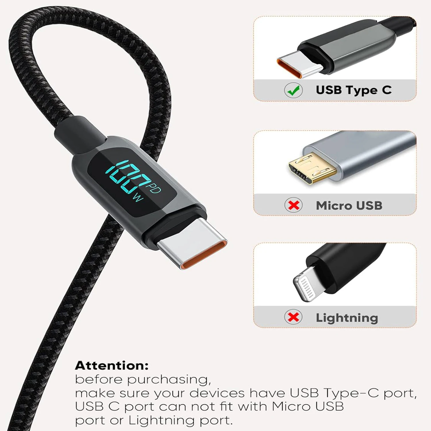 TUTI-USB C Fast Charging Cable with LED Display,100W, iPhone 15,iPad Air Pro,MacBook Pro, Galaxy S24, S24 +, S23,Steam Deck, PS5