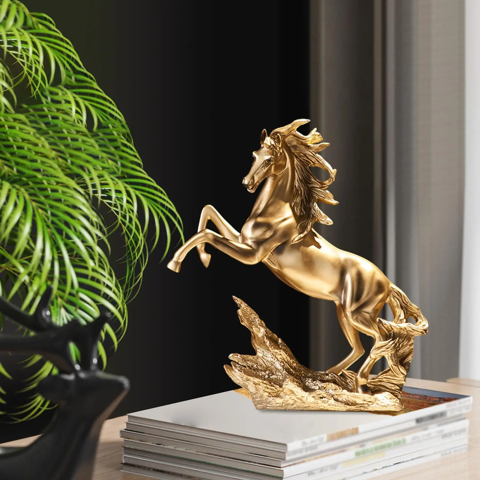 Standing Horse Statue Figurine Golden Color Height 38cm for Cabinet Decor