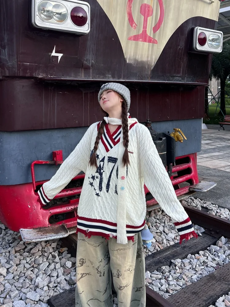 

Женский свитер 77lin в американском ретро-стиле с полосками и узором «косы», осенне-зимний, свободный вязаный топ, модный V-образный вырез, длинный рукав, теплый