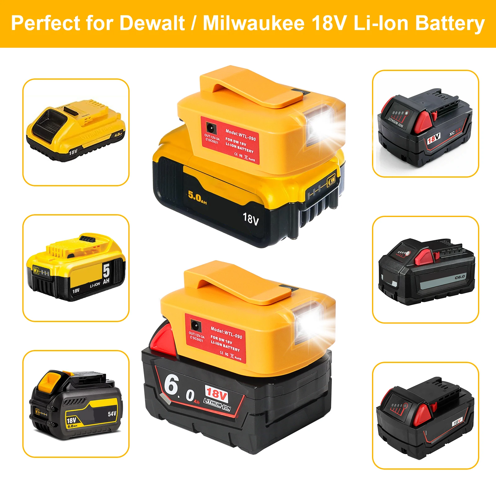 PD 22.5W For Dewalt 18V 20V 54V 60V battery adaptor to QC3.0 USB C fast charger and DIY DC 12V3A  flashing light