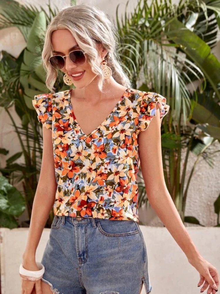 2024 Summer Fashion Printed Women\'s T-shirt Sleeveless V-neck Sexy Casual Home Small Fragmented Flower Basic Shirt Top