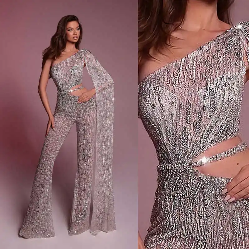Wunderschöne Abendkleider im besonderen Stil, einschulterig, volle Ärmel mit Pailletten, Spitzen-Abschlussballkleid, bodenlanges Kleid nach Maß