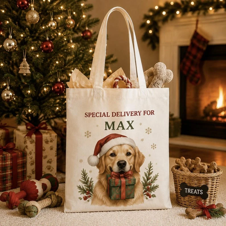 Personalized Christmas Tote Bag for Cat and Dog Lovers – Custom Pet Portrait Canvas Gift Bag – Christmas Paw Print & Name Tote –