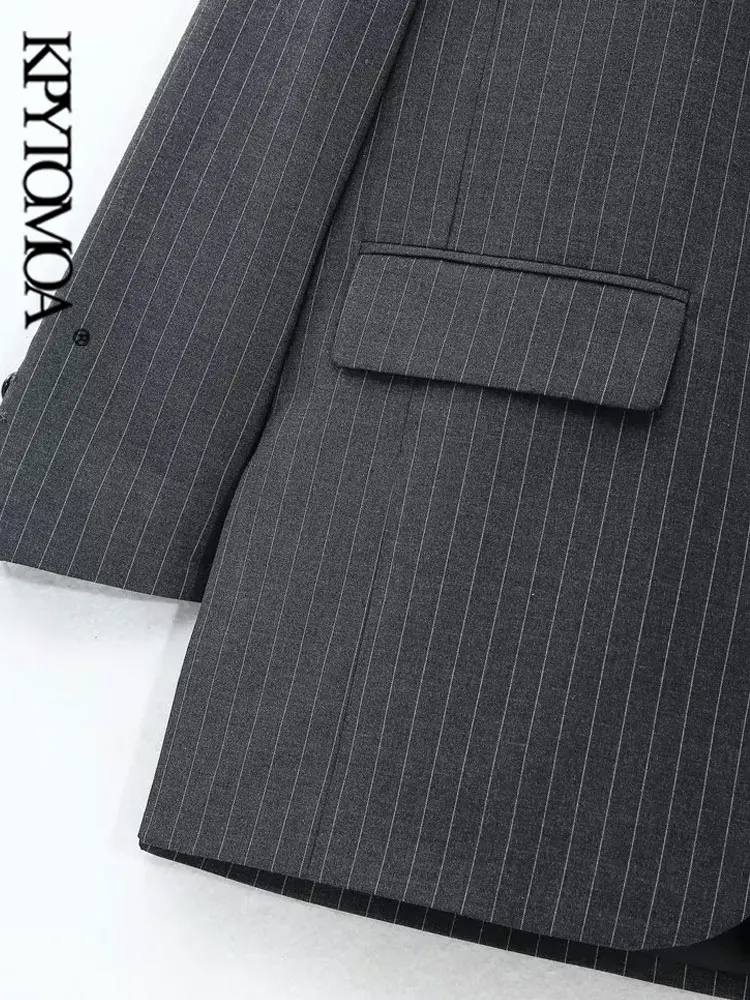 KPYTOMOA moda damska przód guzik Pinstripe marynarka płaszcz w stylu Vintage z długim rękawem kieszenie z klapami damska odzież wierzchnia Chic