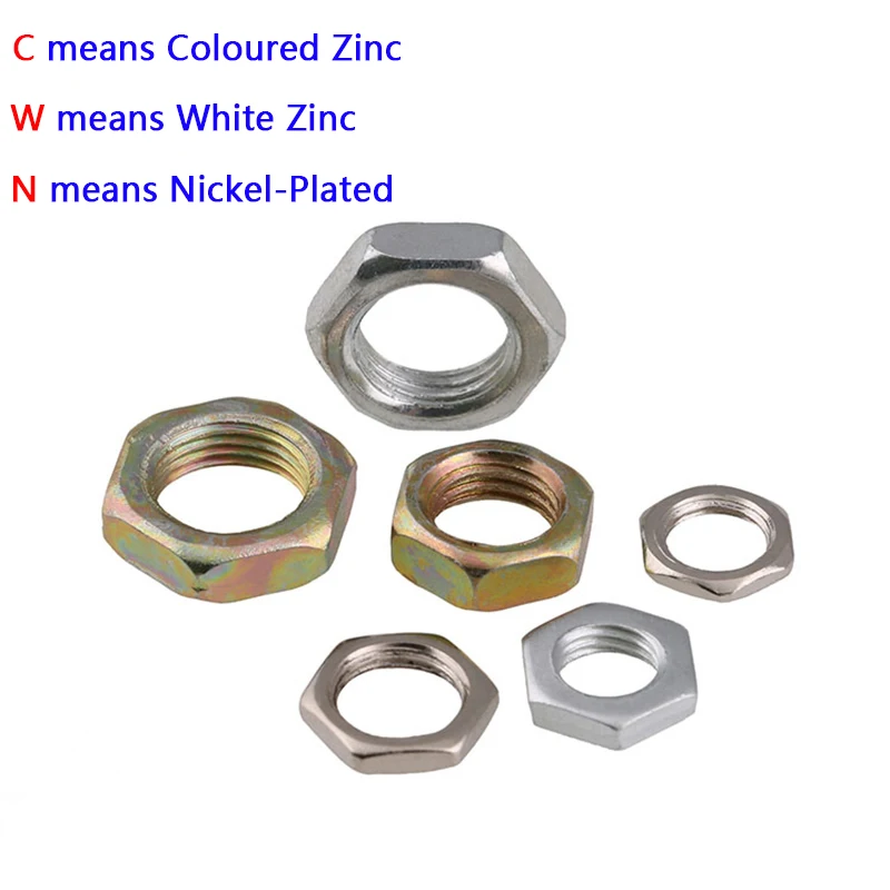 Coloured Zinc / White Zinc / Nickel-Plated Hex Hexagon Thin Nuts Fine-Thread Nut M7 M8 M9 M10 M12 M14 M16