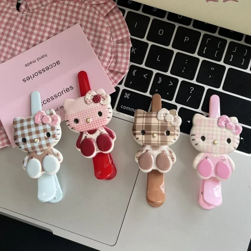 Hello Kitty Cartoon Cute Plaid Long-billed Duck Clip High-looking Side Seamless Hair Clip Forehead Broken Hair Bangs Clip