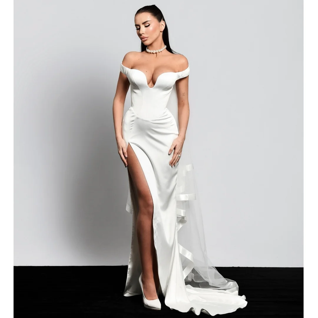 

Side Slit Wedding Dresses for Brides Sweetheart Neck Satin Vestido de Novia Simple Party Pageant Gown Customized