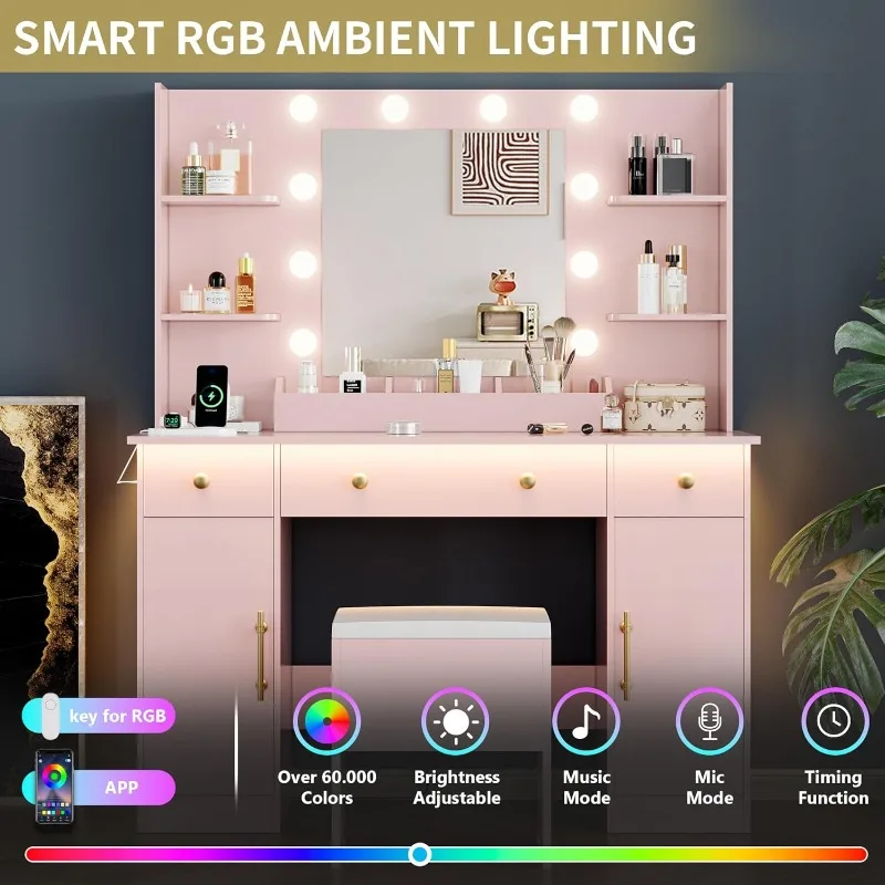 with Mirror and Lights, Makeup Dressing Table Set with Storage Drawers & Stool, Power Outlet, 3 Lighting Modes Adjus
