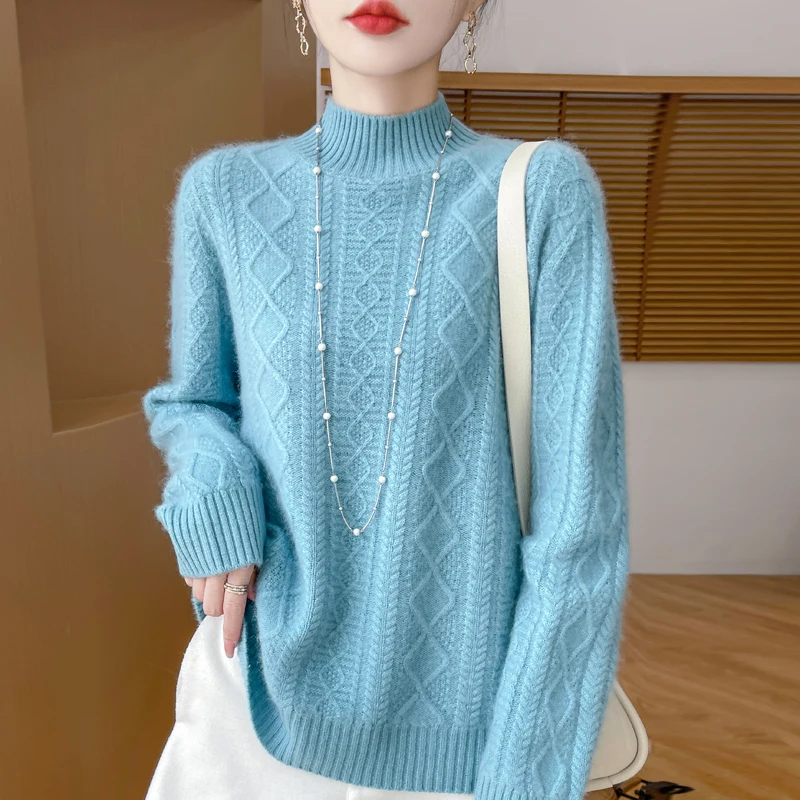 Miękki sweter z golfem z dzianiny wełny merino 100%, kaszmirowy pulower z długim rękawem, jednolity kolor, modny, ciepły, miękki damski top odzieżowy.