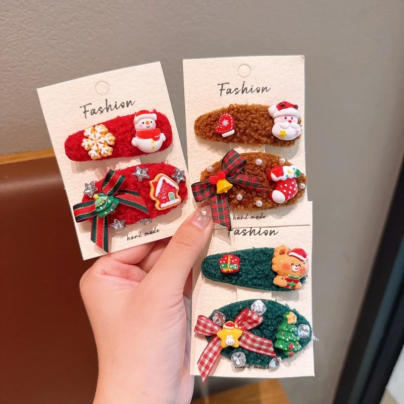 Hair Clip Christmas Cute Plush Gingerbread Tree BB Clip Girls Baby Bangs Party Red Green Fabric Metal Lightweight Non Slip Daily